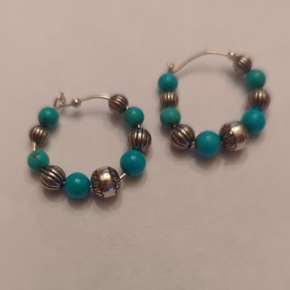Jewelry - Silver and Turquoise Beaded Hoop Earrings